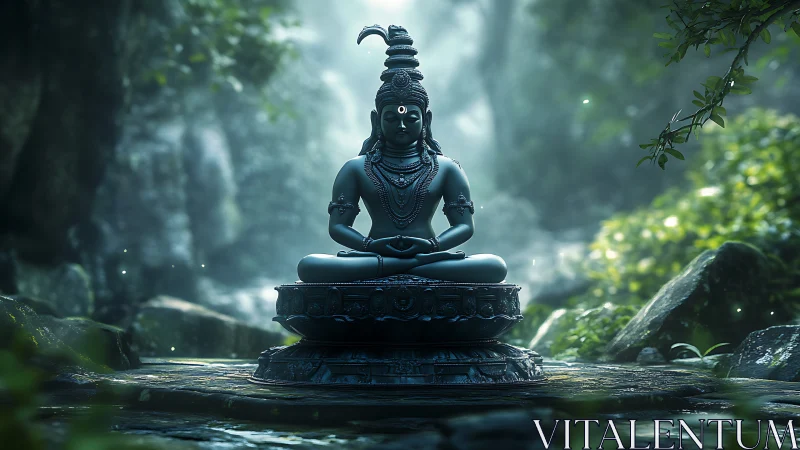 Meditative deity statue in misty forest sanctuary.