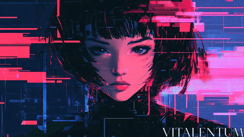 Glitch-fragmented cyber portrait shows neon-lit female avatar