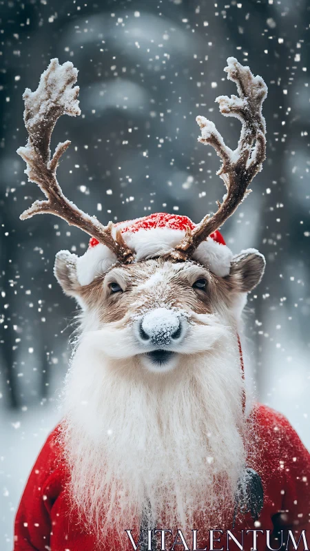Whimsical reindeer Santa portrait in falling winter snow.