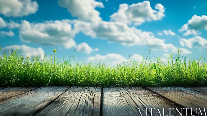 Sunlit grass verge along rustic wooden deck boards.