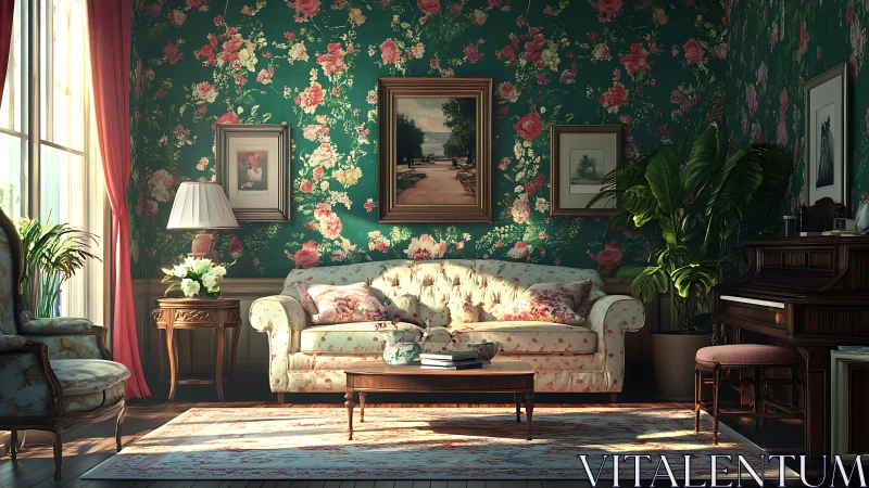 Floral wallpaper waltzes around a sunlit vintage parlor