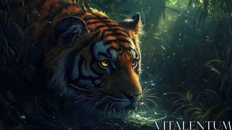 Moonlit jungle water hushes beneath the prowling tiger
