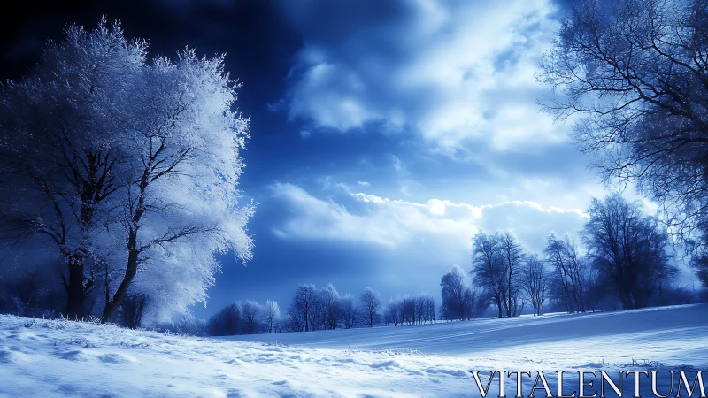 Moonlit winter trees glowing softly in peaceful blue snow.