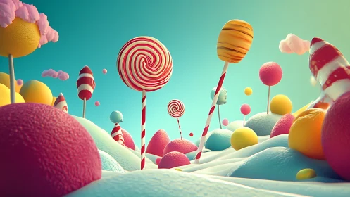 Surreal Candy Landscape: Volumetric Spheres and Lollipops in Chromatic Gradient.