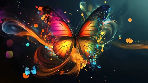 Vivid abstract butterfly amid swirling neon color trails.