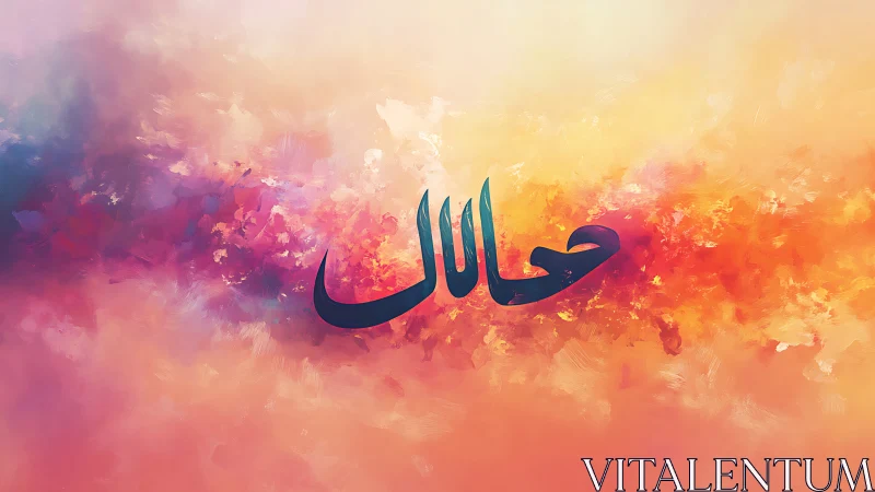 Arabic calligraphy text overlays multicolored abstract background