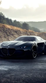 Midnight concept supercar prowls a misty mountain highway.