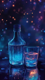 Glowing blue bottle and glass against blurred light bokeh.