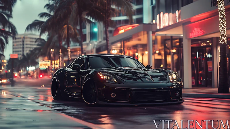Sleek black sports car idles on wet neon city boulevard at dusk
