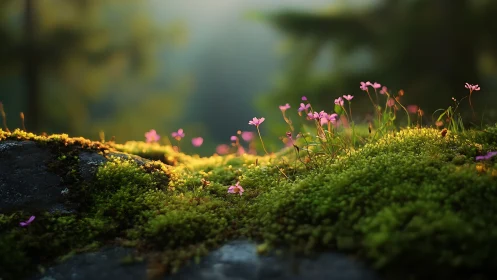 Mossy forest stone with pink wildflowers at sunrise.