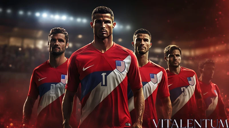 Photorealistic soccer lineup in red USA kits under stadium lights