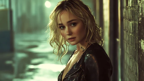 Rainlit alley rebel in slick leather and soft neon hush.