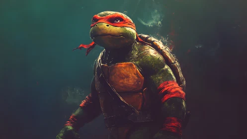 Armored mutant turtle warrior under moody green light.