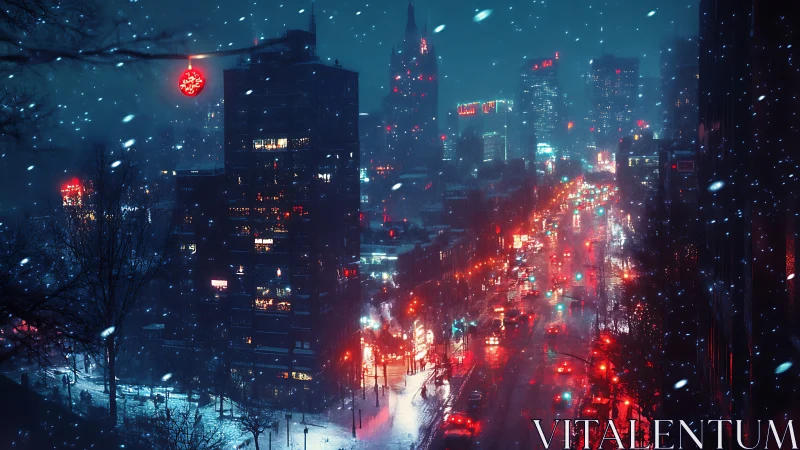 Neon winter boulevard under snowfall in futuristic cityscape.