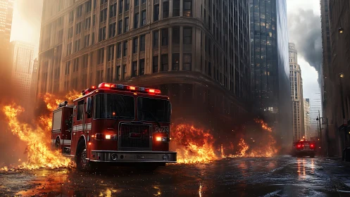 Urban Firestorm: Photorealistic Fire Truck in Crisis.