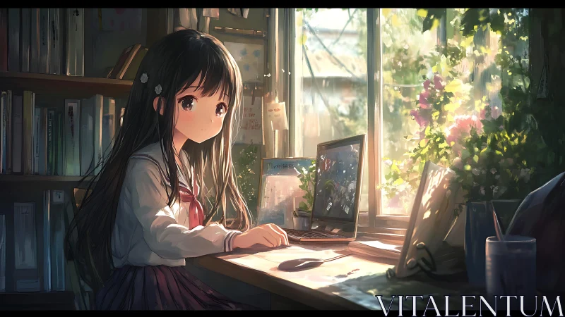 Quiet afternoon study by a sunlit window full of flowers.