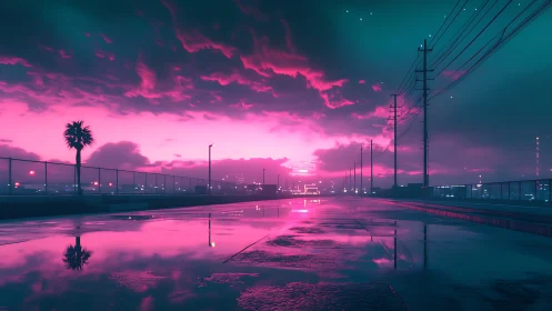 Neon sunset floods deserted wet highway with vivid reflections