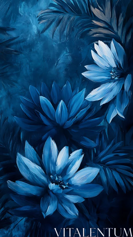 Monochromatic Blue Floral Study: Painterly Lotus Composition With Varying Tonal Depth