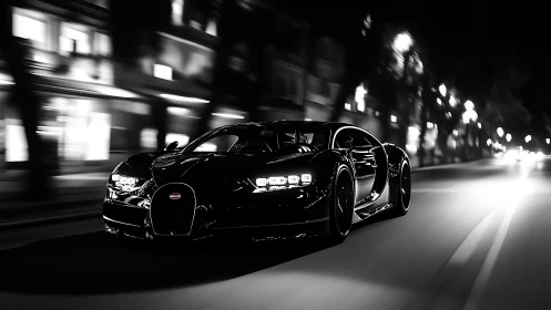 Black supercar driving through city streets at night.