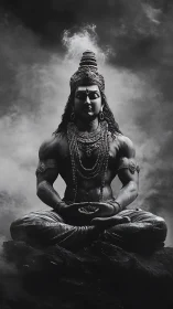 Monochrome Shiva sculpture in meditative atmospheric chiaroscuro.