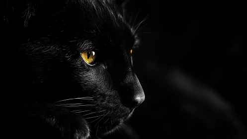 Black cat profile with sharp yellow eye in deep shadow