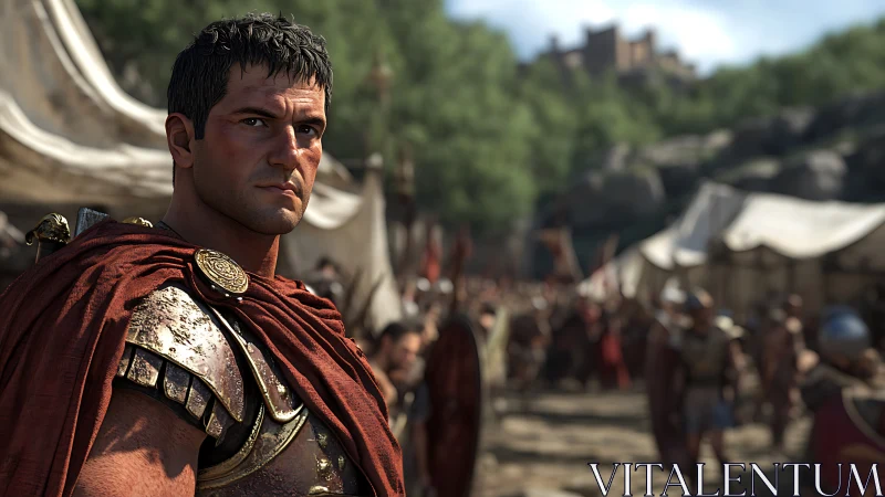 Roman centurion in shallow-focus militarized encampment study.