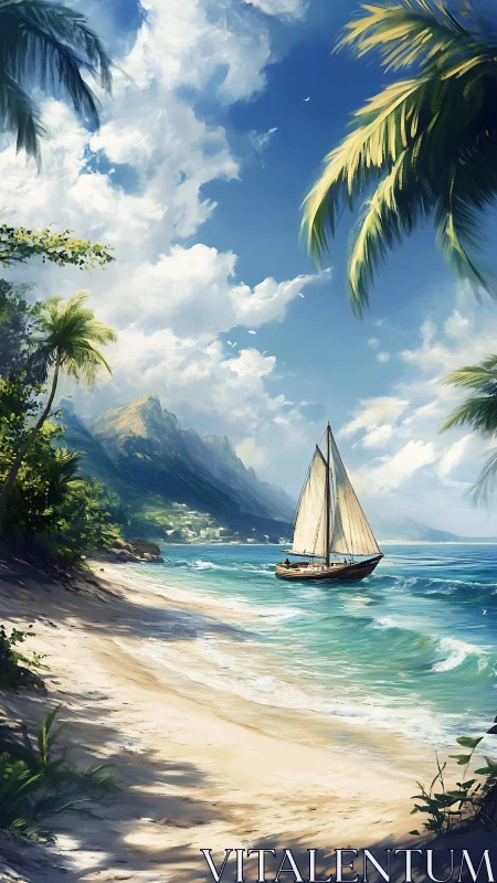 Sunlit sailboat drifting along a peaceful tropical shore.
