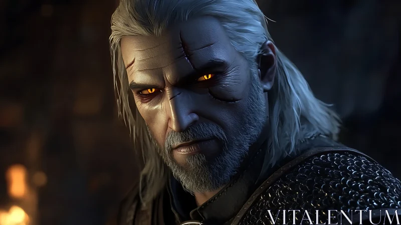 Brooding silver‑haired warrior with glowing golden eyes.