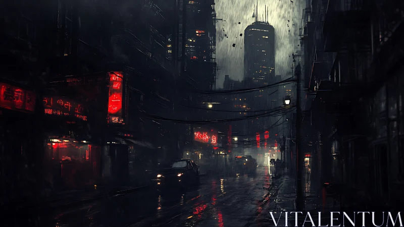 Neon rain stitches a cyberpunk avenue through the gloom