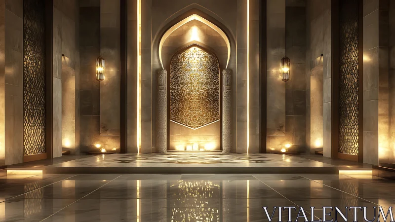 Ornate golden archway glows in a serene palace hall.