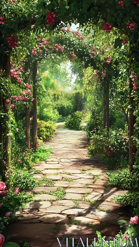 Stone garden path under rose-covered arbor with dappled sunlight