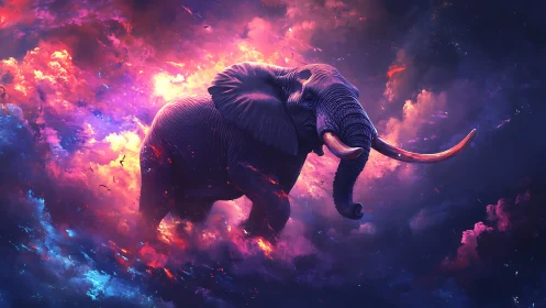 Celestial elephant strides boldly through nebula fireclouds