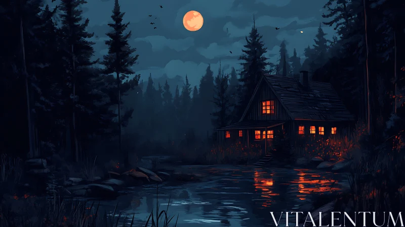 Moonlit forest cabin reflects warm light across still water