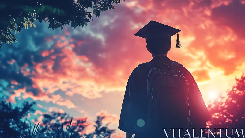 Graduate stands beneath radiant sunset sky, embracing tomorrow