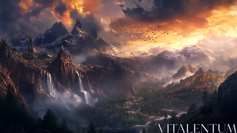 Epic fantasy mountain range with waterfalls and blazing sky.