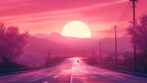 Soft pink highway drifts toward an enormous glowing sunset