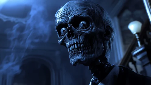 Emaciated skeletal figure in eerie blue lit interior scene.