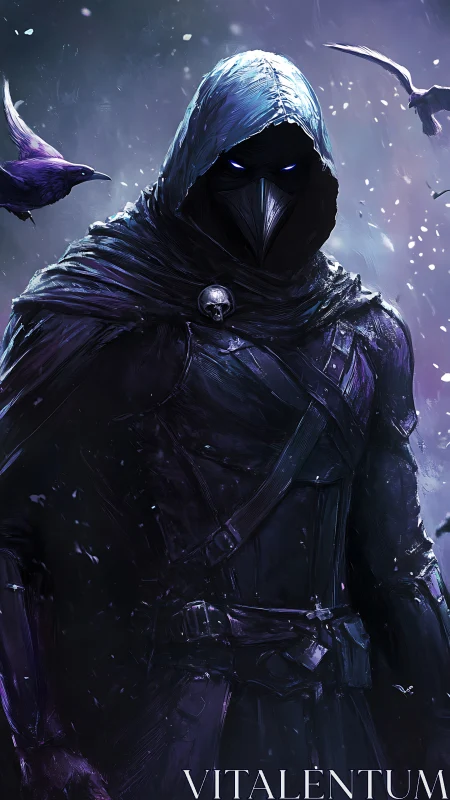 Hooded plague crow sentinel in violet stormlit snowfall.