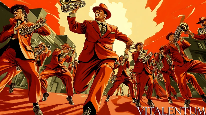 Street brass band in bold orange cinematic motion scene.