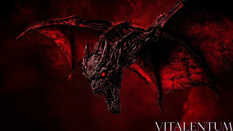 Infernal skeletal dragon with membranous wings in red haze
