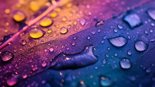 Macro water droplets glow across iridescent leaf surface
