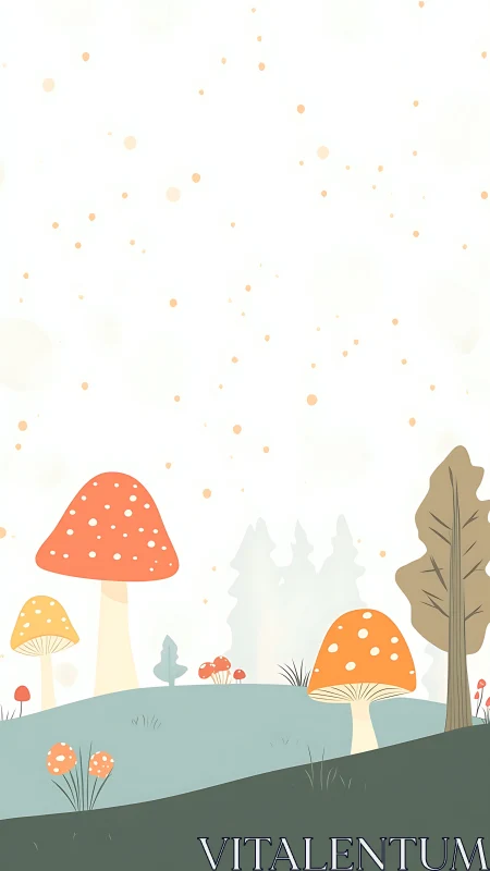Stylized mushroom forest landscape with scattered floating particles