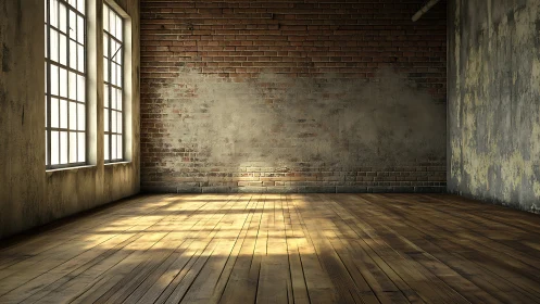Sunlit industrial loft interior with worn brick walls.