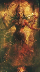 Multi-armed deity figure in ornate golden halo environment.
