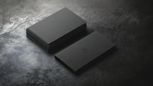 Black business cards on dark textured surface, stacked layout.
