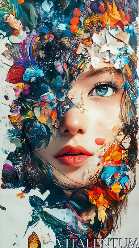 Surreal female portrait merged with vivid butterflies and flora.