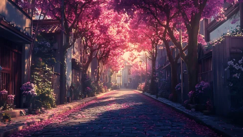 Cherry blossom avenue glows in dream-soaked evening light.