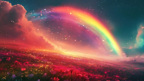Rainbow arc extends over illuminated flower field at dusk