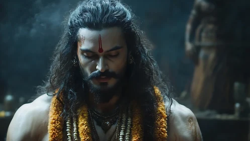 Divine warrior in meditation beneath temple shadows.