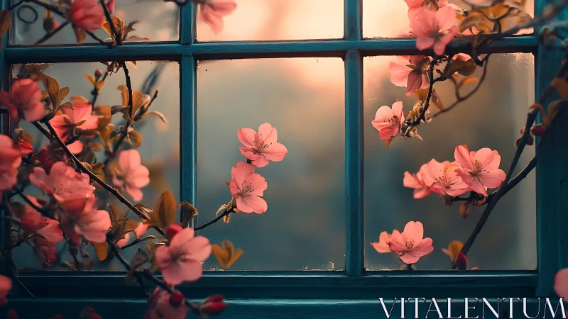Coral Blooms Frame Window Against Soft Light.
